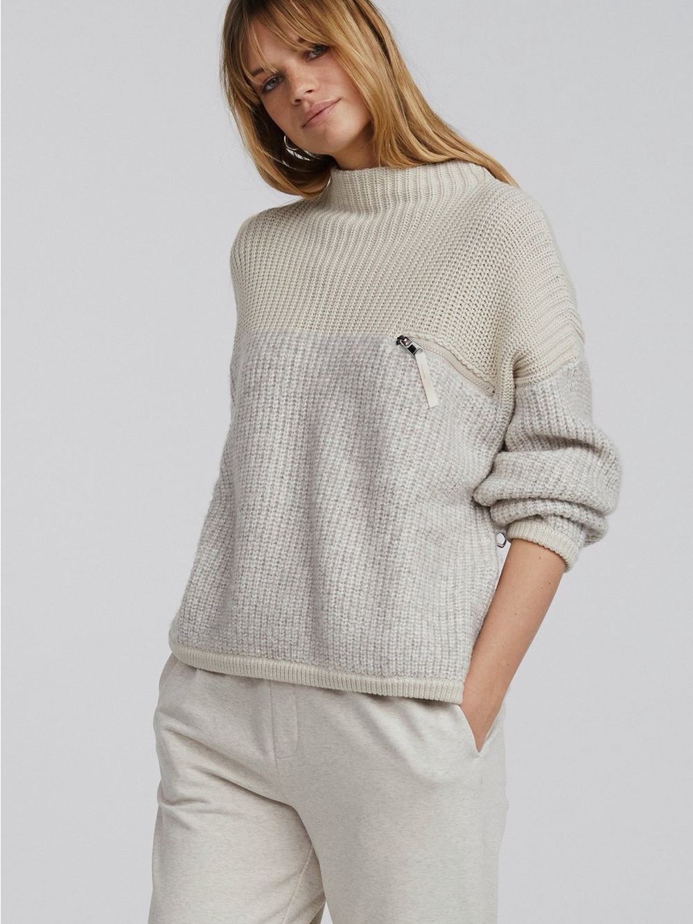 Varley Darwell Two Tone Ribbed Knit Top Zip Chest Pocket Side Zips XS Oversized